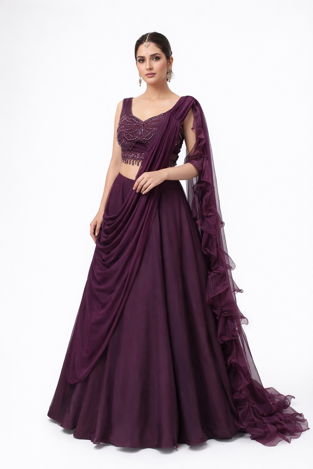 Midnight Plum Ruffled Drape Lehenga Set