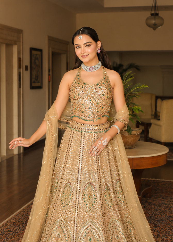 Champagne Gold Mirror & Sequin Embellished Lehenga Set