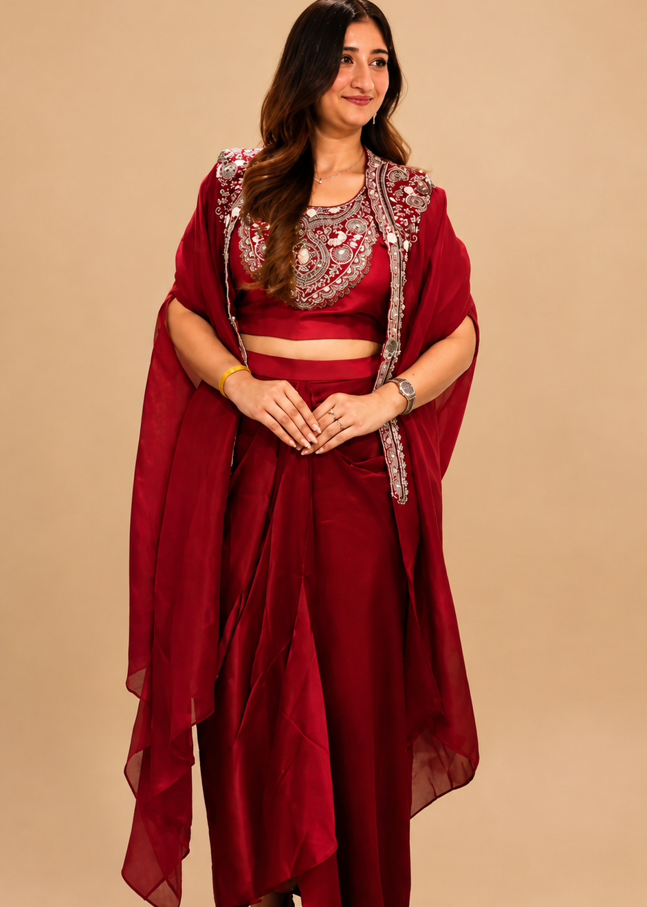 Crimson Red Draped Dhoti Skirt Set Secondary image