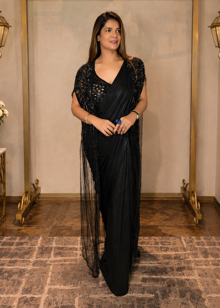 Black Pre-Pleated Shimmer Drape Saree Secondary image