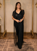 Black Pre-Pleated Shimmer Drape Saree
