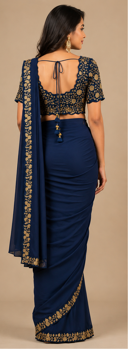 Heavily Embroidered Navy Blue Draped Saree Secondary image