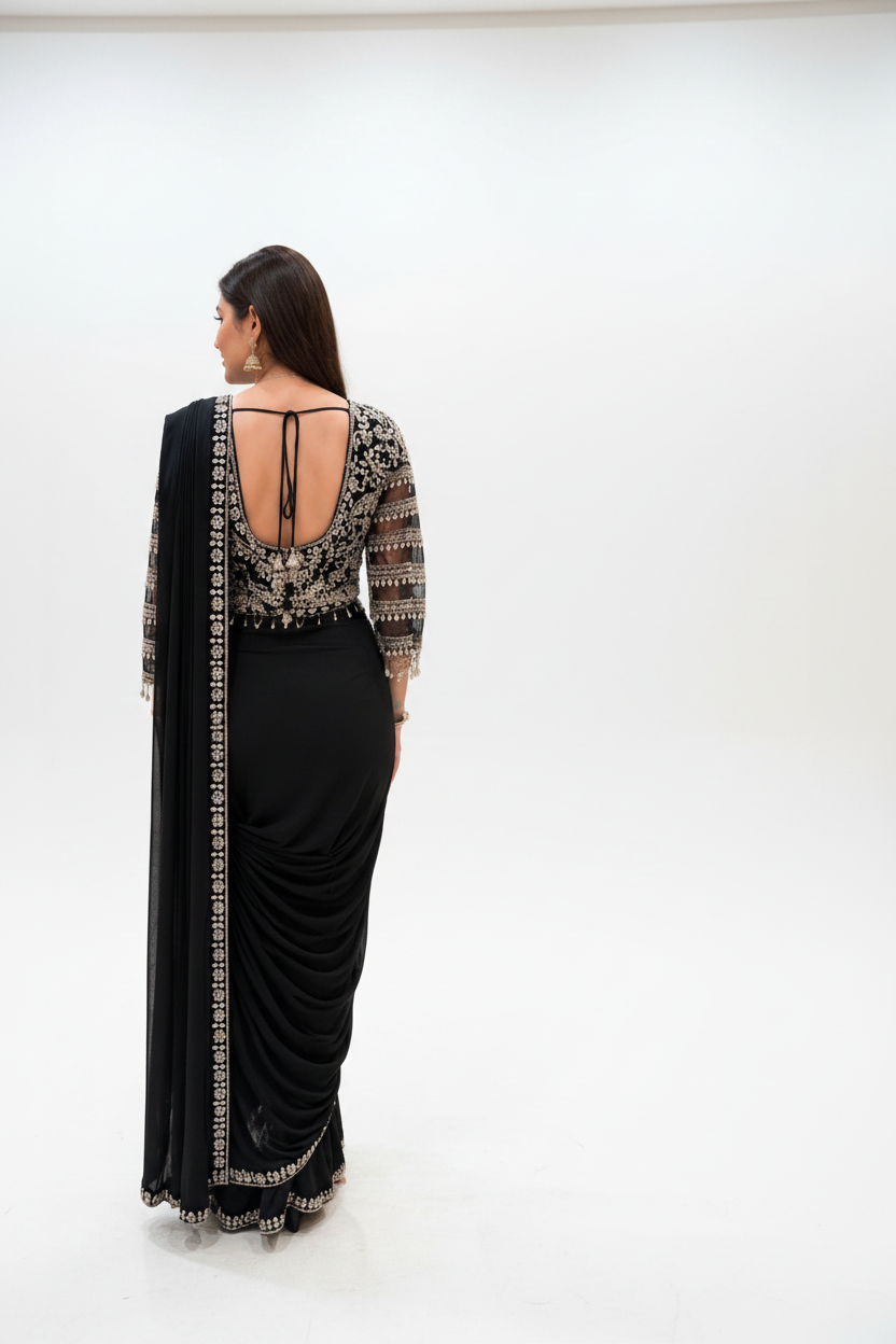 Midnight Black Lycra Drape Saree Secondary image