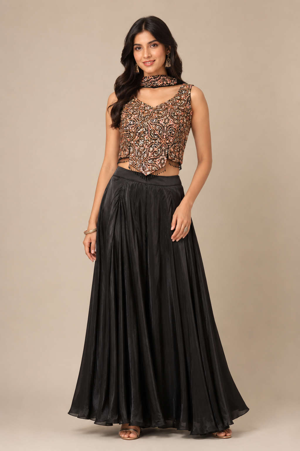 Black Kalamkari-Print Crop Top Set