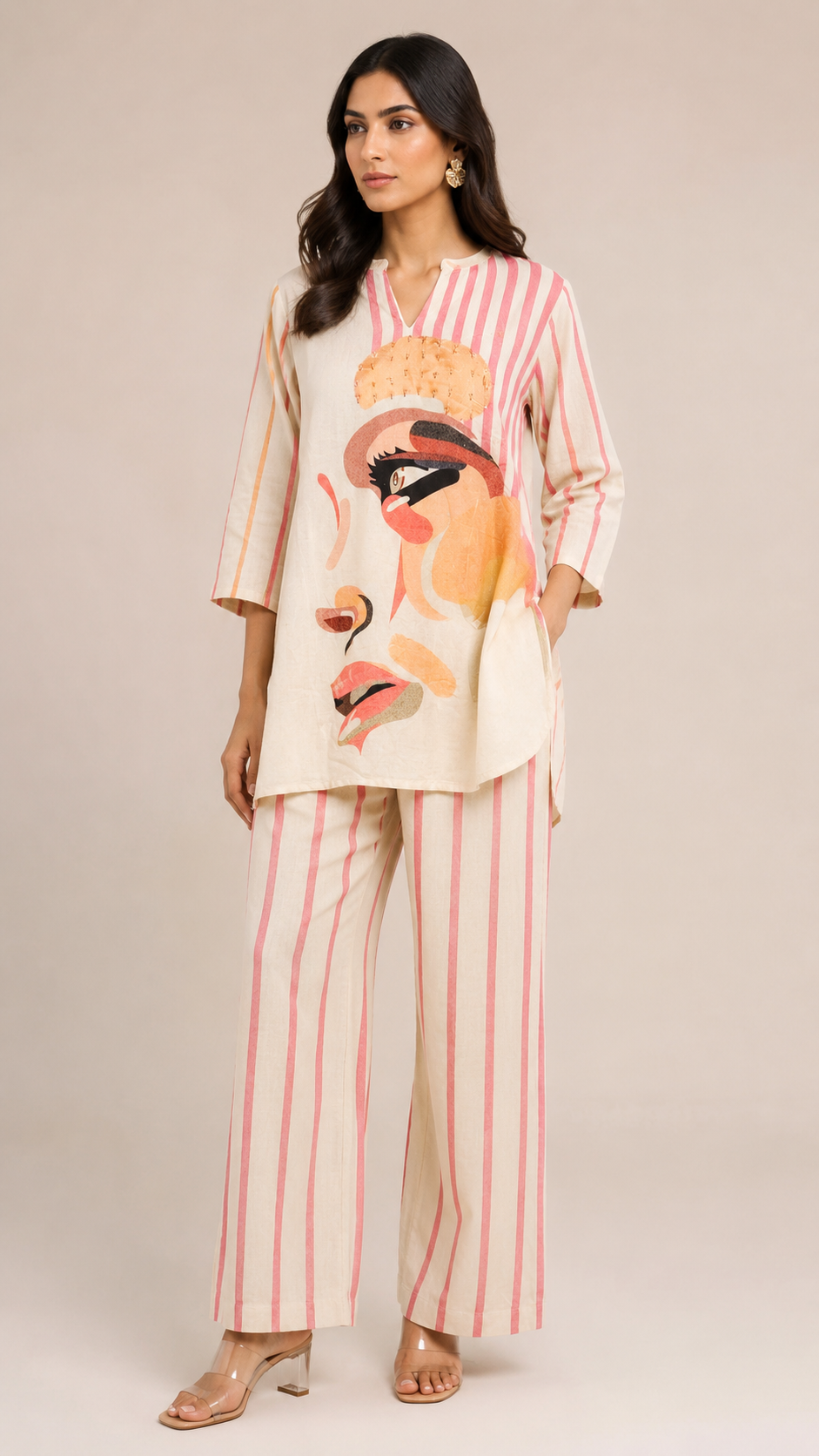 Striped Co-ord Set with Abstract Face Art Main image