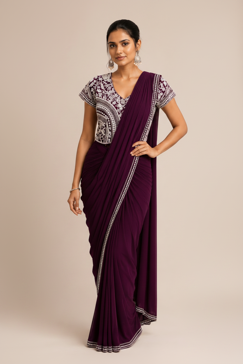 Deep Wine Pre-Stitched Drape Saree Main image