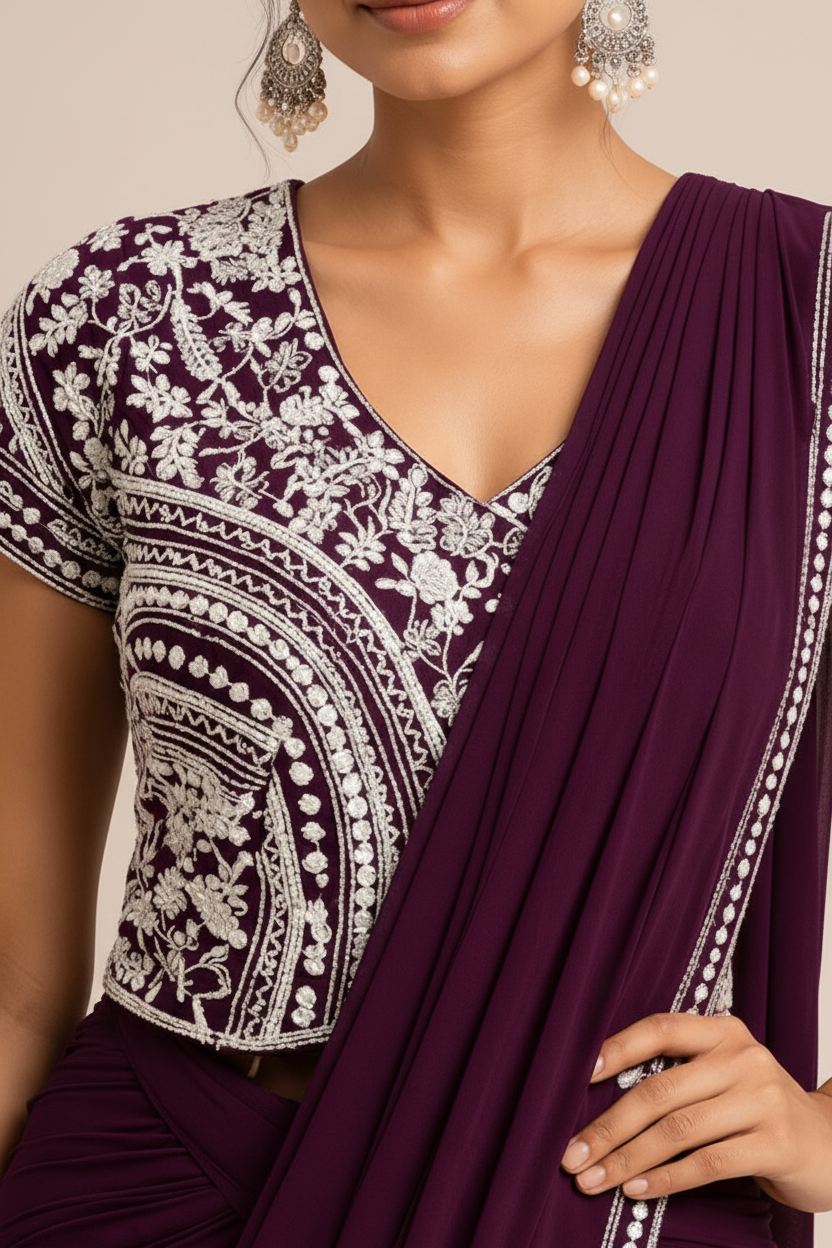 Deep Wine Pre-Stitched Drape Saree Secondary image