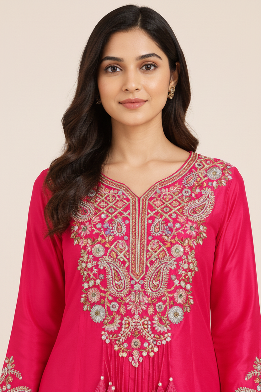 Vibrant Fuchsia Pink Embroidered Kurta Set Secondary image