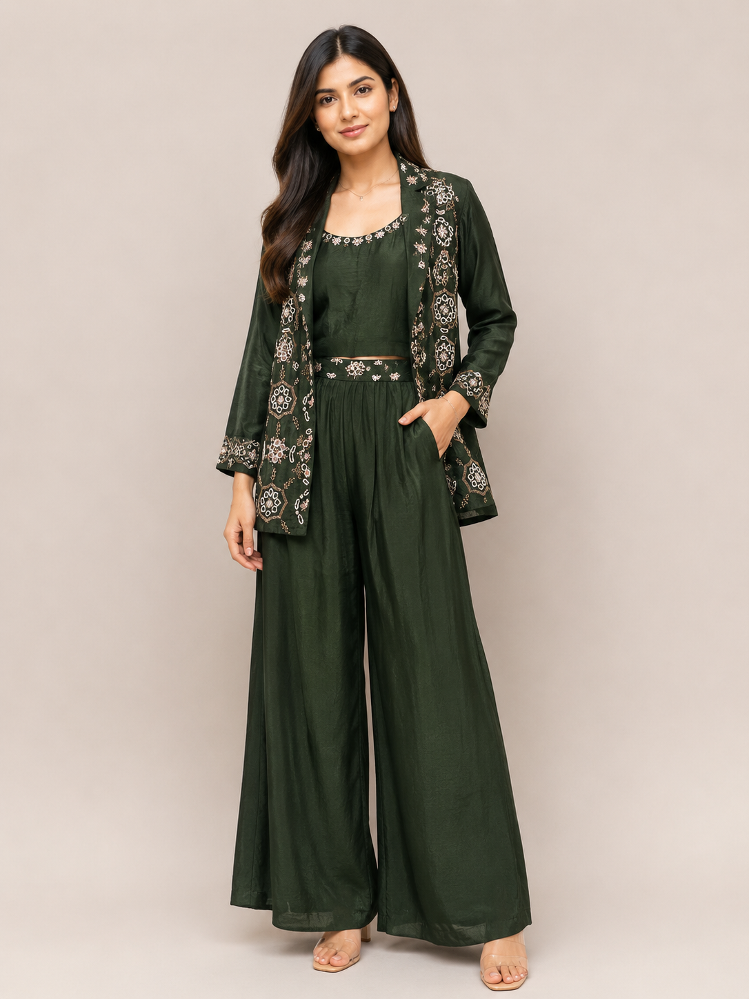 Green Embroidered Three-Piece Style Set Main image