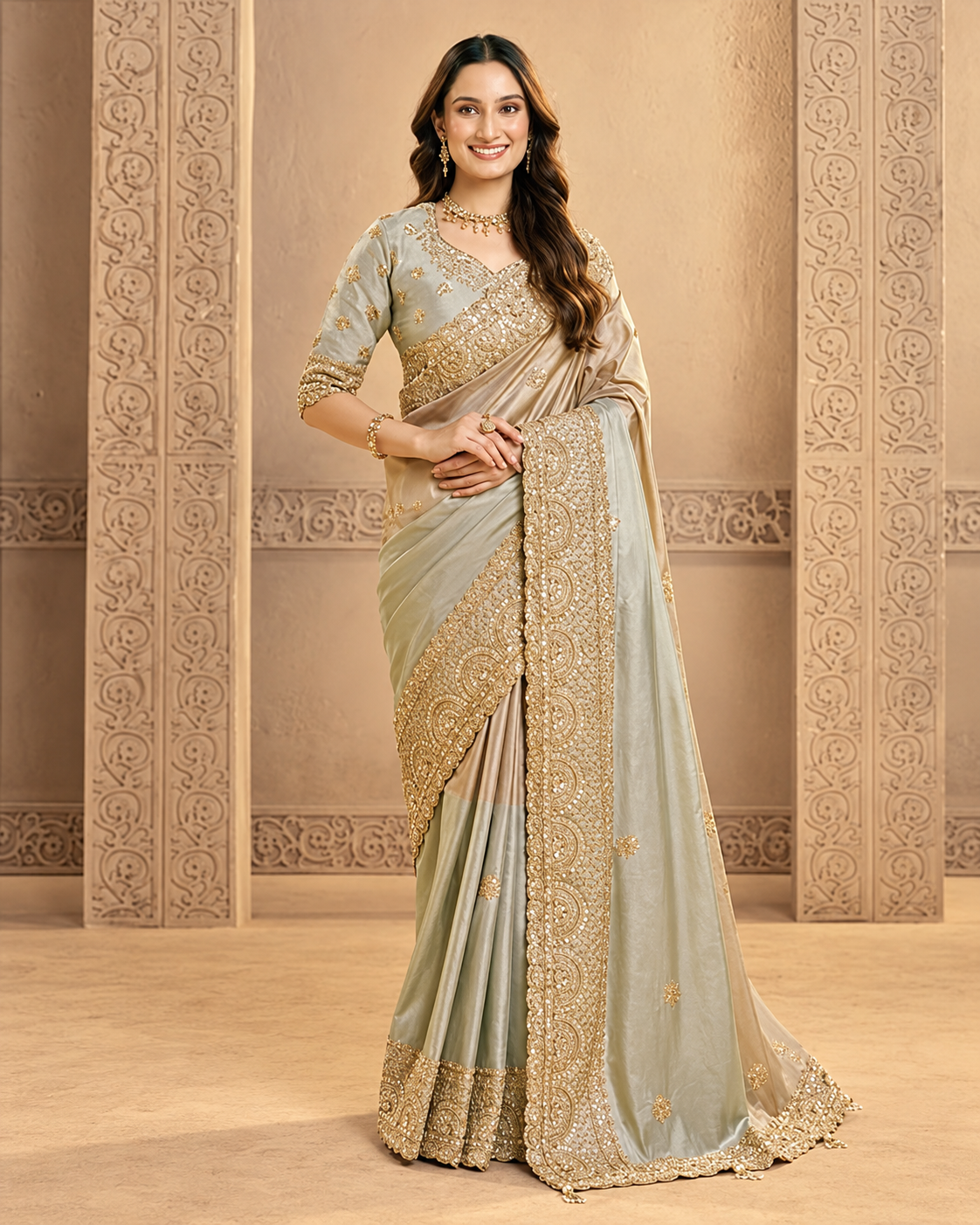 Silver Grey Designer Saree with Heavy Golden Embroidery Main image