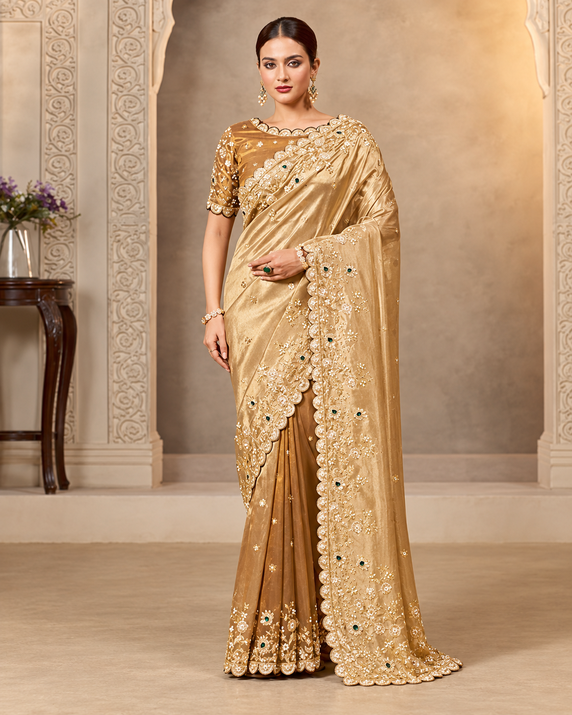 Royal Golden Designer Saree with Heavy Floral Embroidery Main image