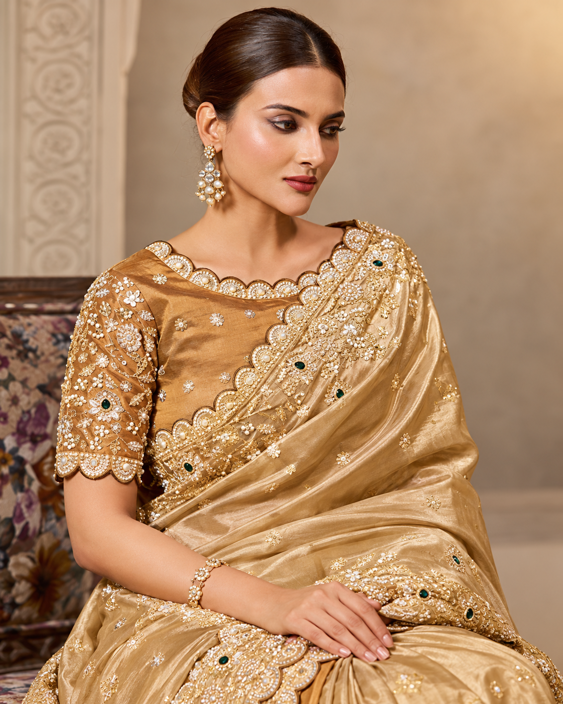 Royal Golden Designer Saree with Heavy Floral Embroidery Secondary image