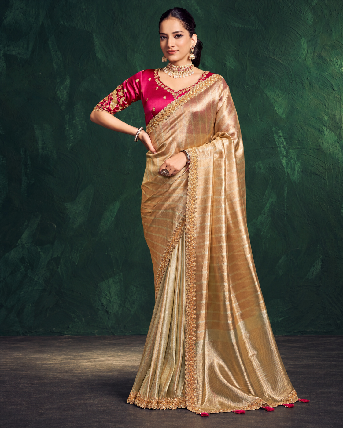 Golden Silk-Look Saree with Intricate Embroidered Border Main image