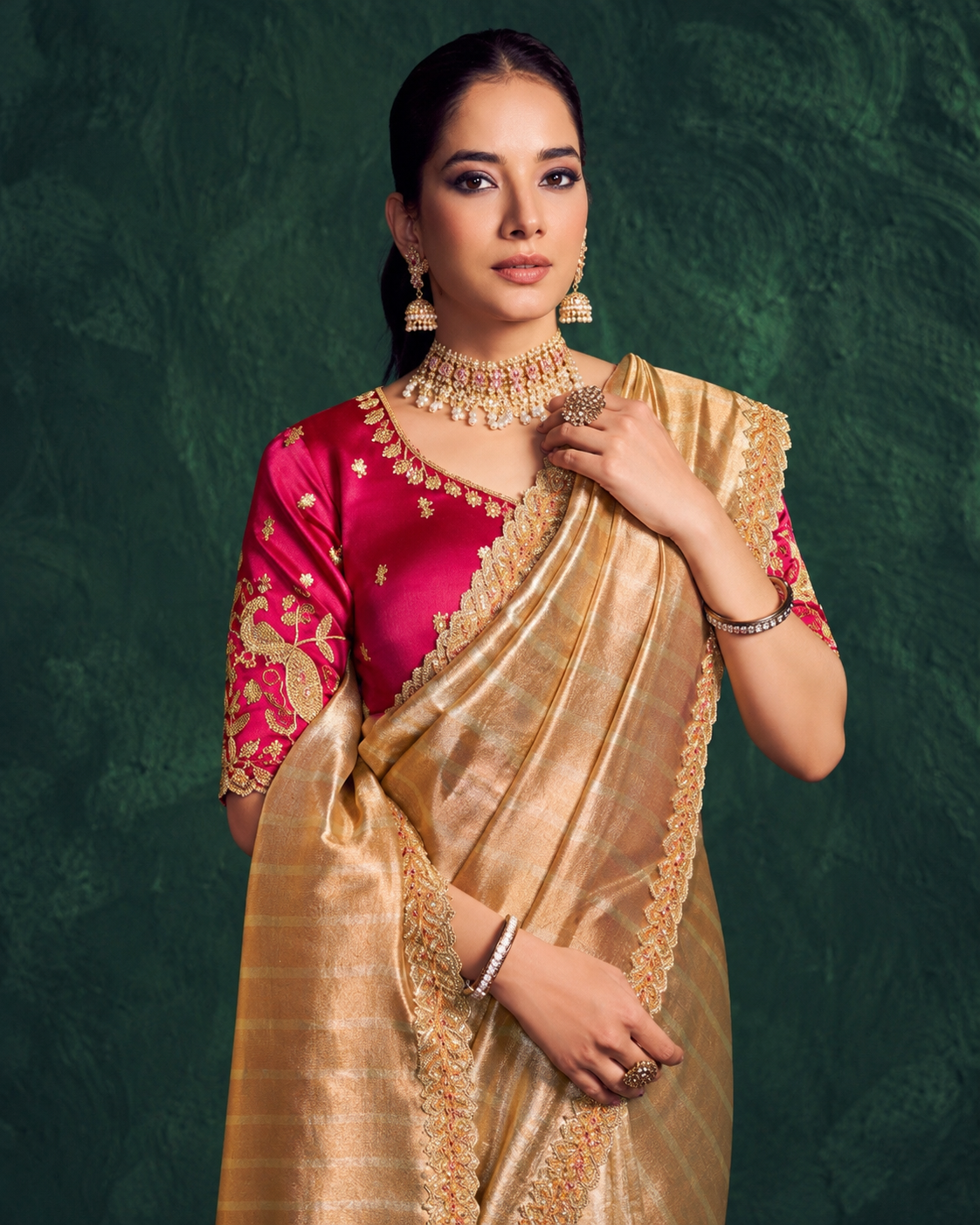 Golden Silk-Look Saree with Intricate Embroidered Border Secondary image