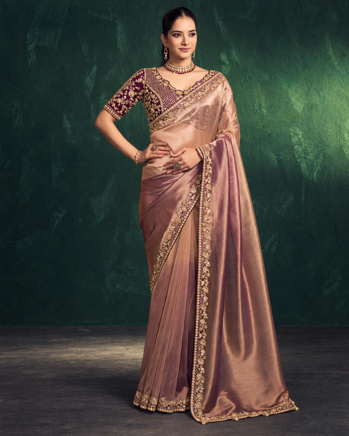 Rose Gold Designer Saree with Heavy Golden Embroidered Border Main image