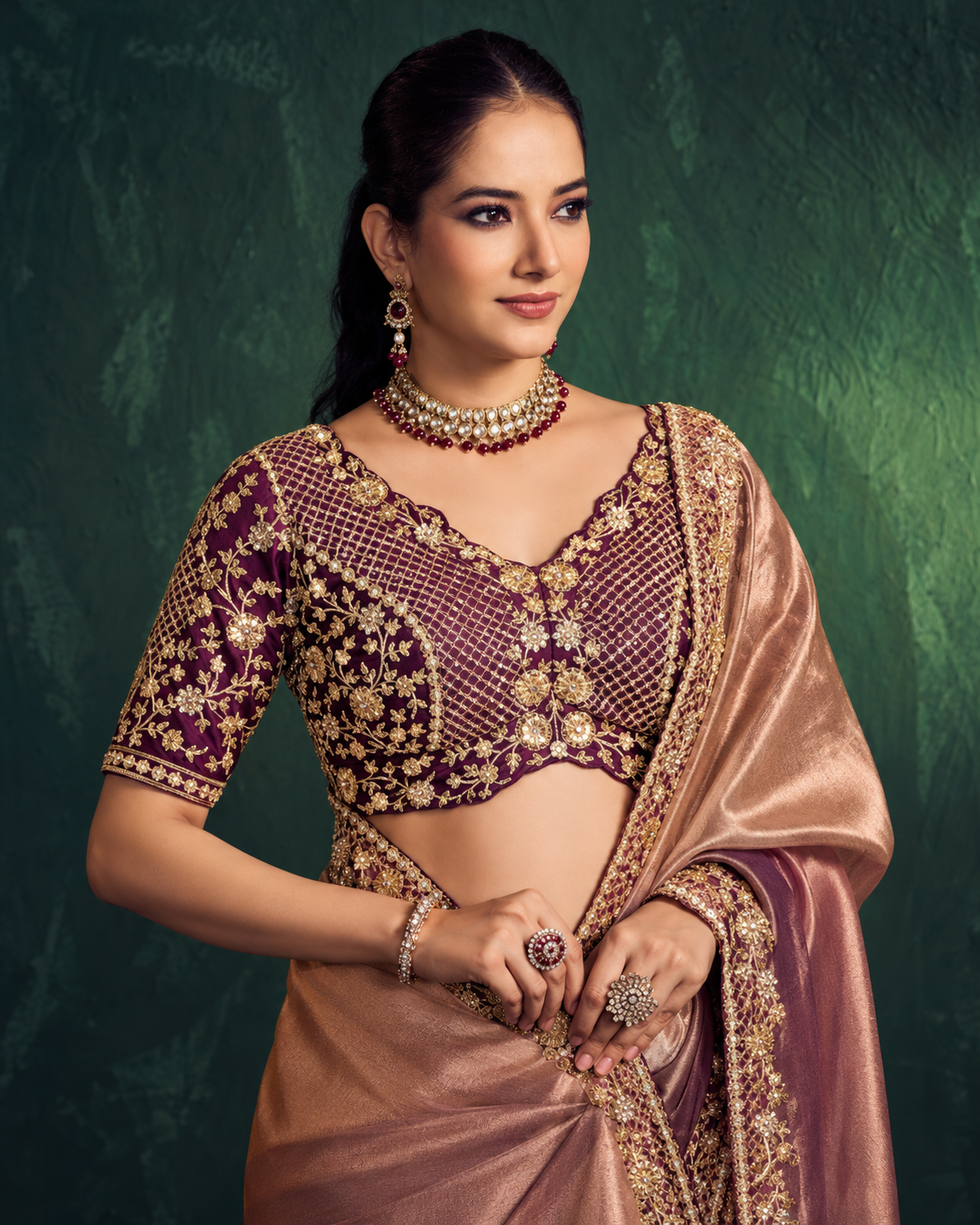Rose Gold Designer Saree with Heavy Golden Embroidered Border Secondary image