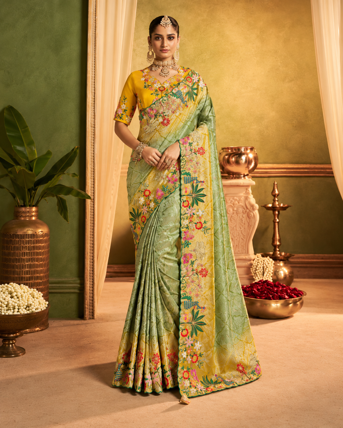 Royal Pista Green Designer Saree with Multicolour Floral Embroidery Main image