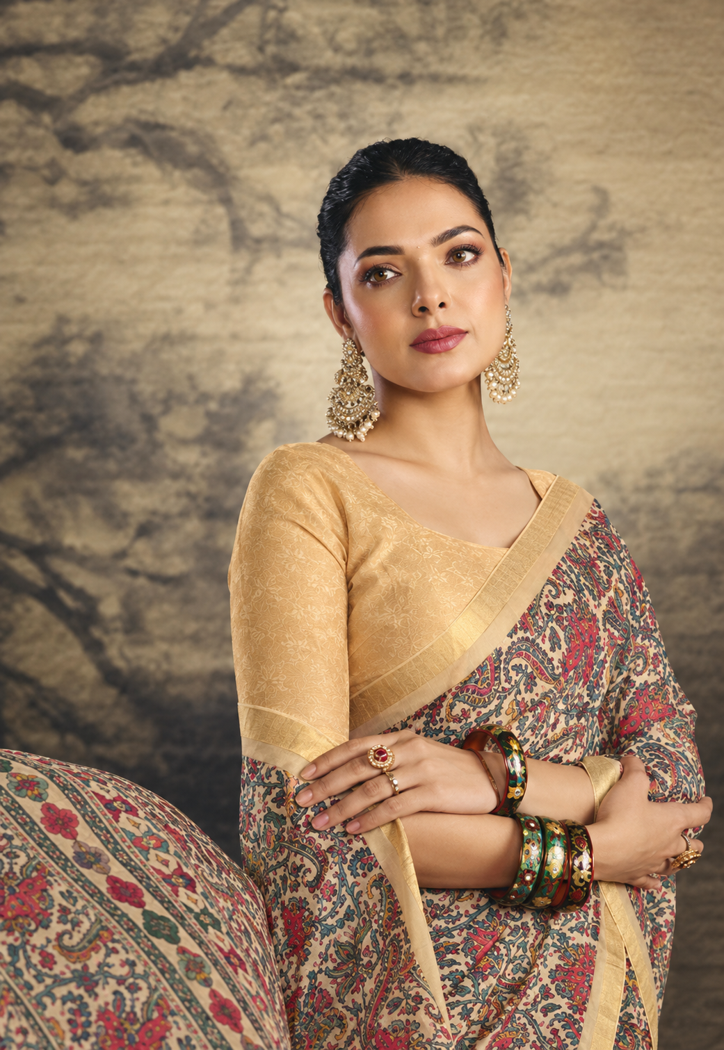 Multicolor Kalamkari Printed Saree with Gold Border Secondary image