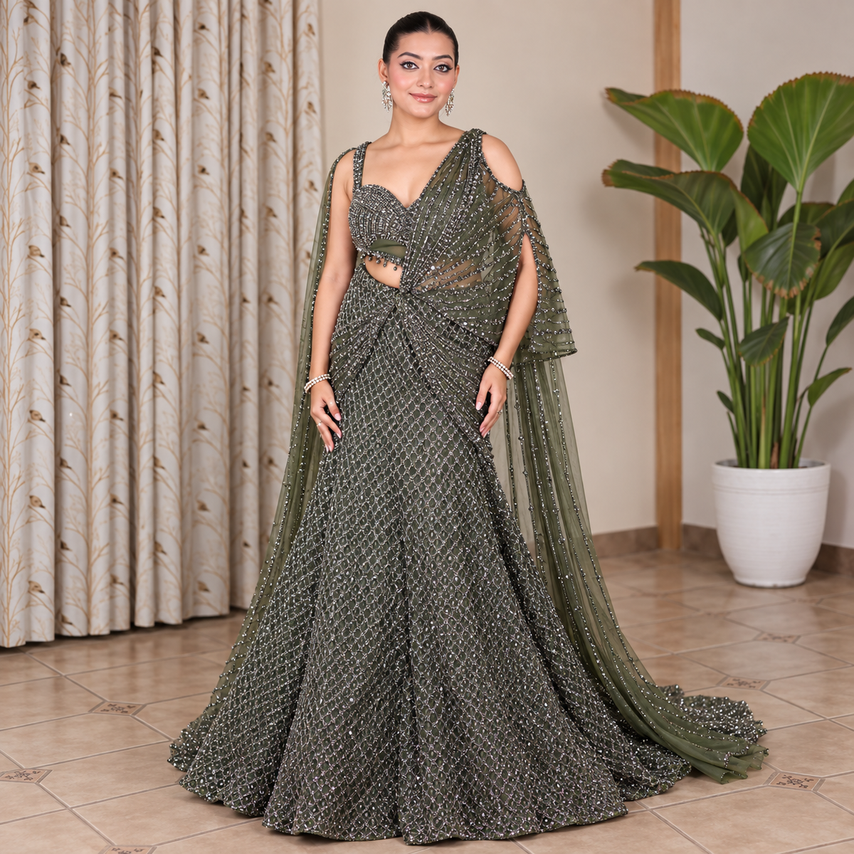 Green Net Saree with Heavy Sequin Embroidery and Designer Blouse Main image