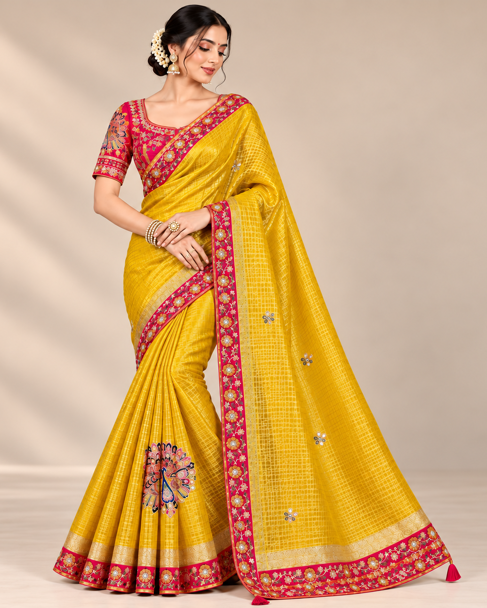 Elegant Yellow Silk Saree with Embroidered Border and Designer Blouse Main image