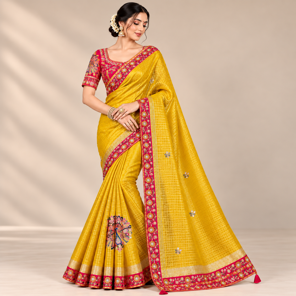 Elegant Yellow Silk Saree with Embroidered Border and Designer Blouse