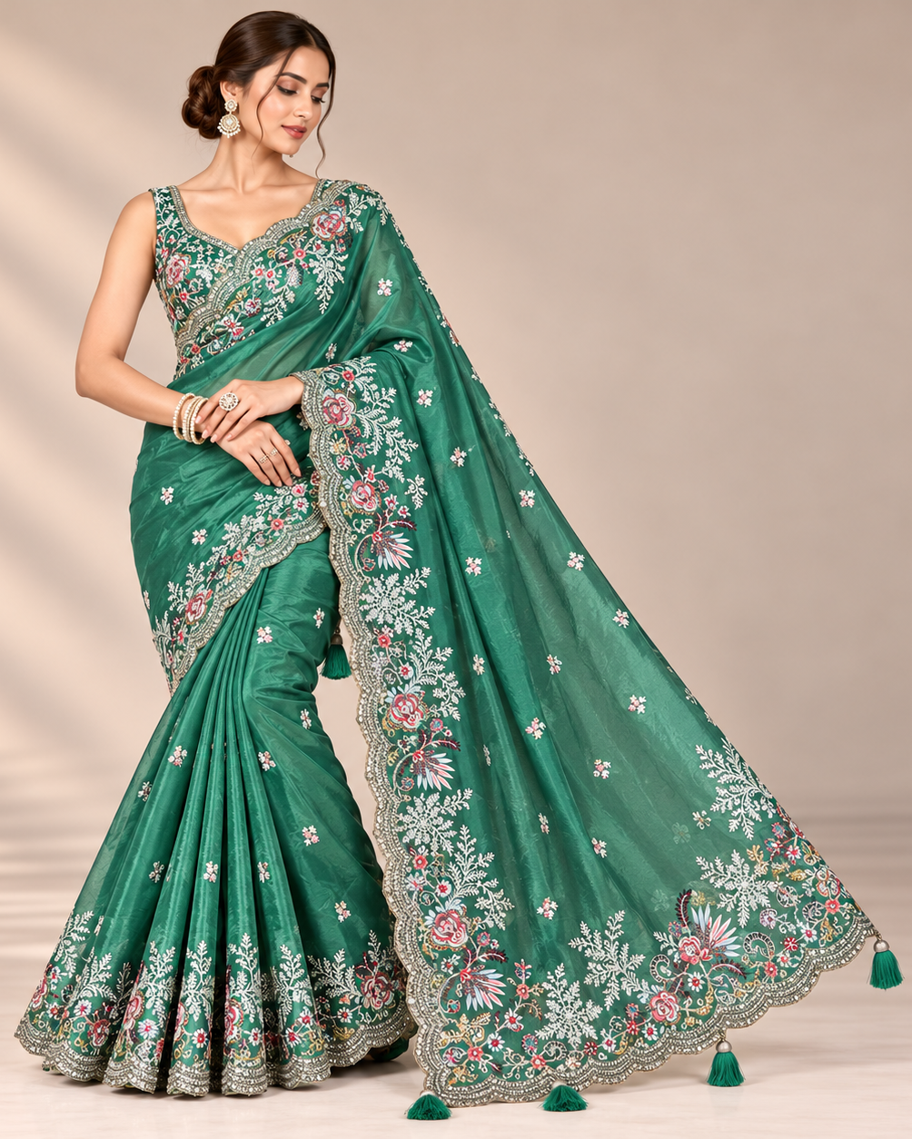 Emerald Green Soft Saree with Multicoloured Floral Embroidery