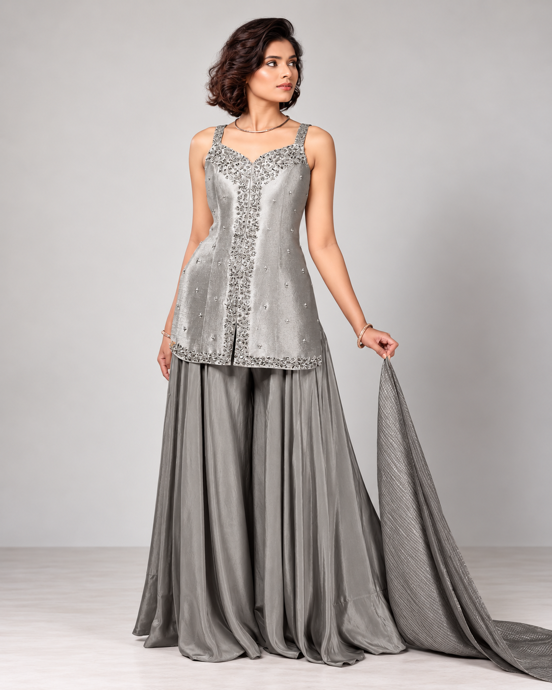 Embellished Sleeveless Kurti Palazzo Set with Dupatta