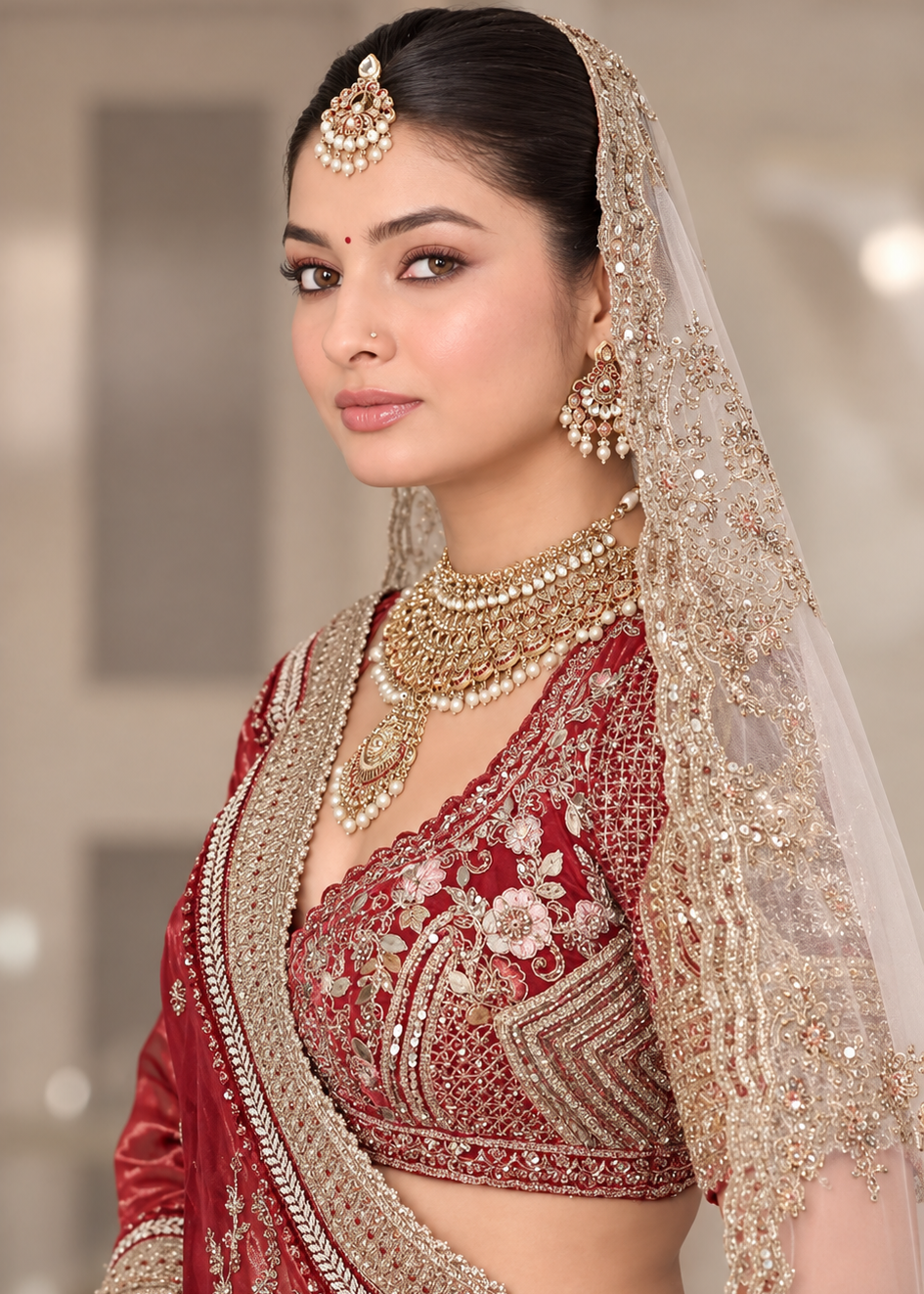 Regal Crimson Heritage Embroidered Bridal Lehenga Set Secondary image