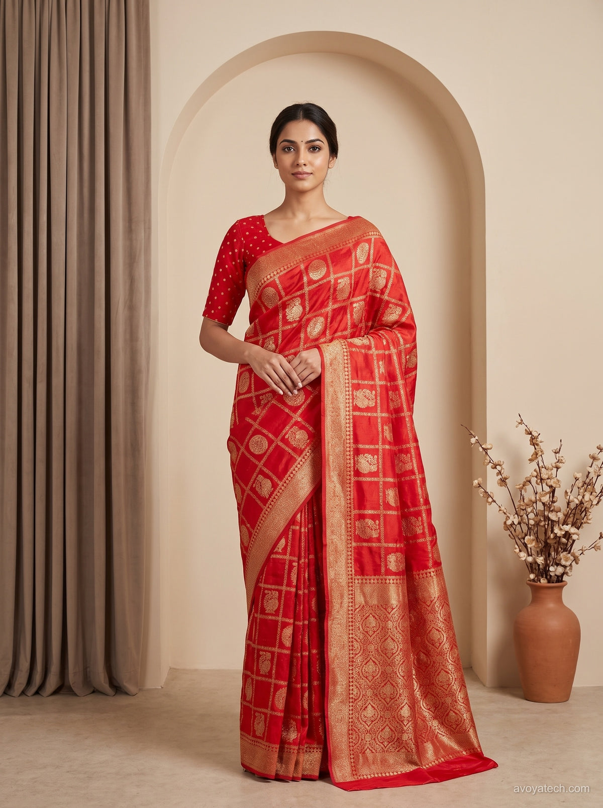 Sindoor Red Banarasi Silk Saree with Zari Check & Chakra Motifs Main image