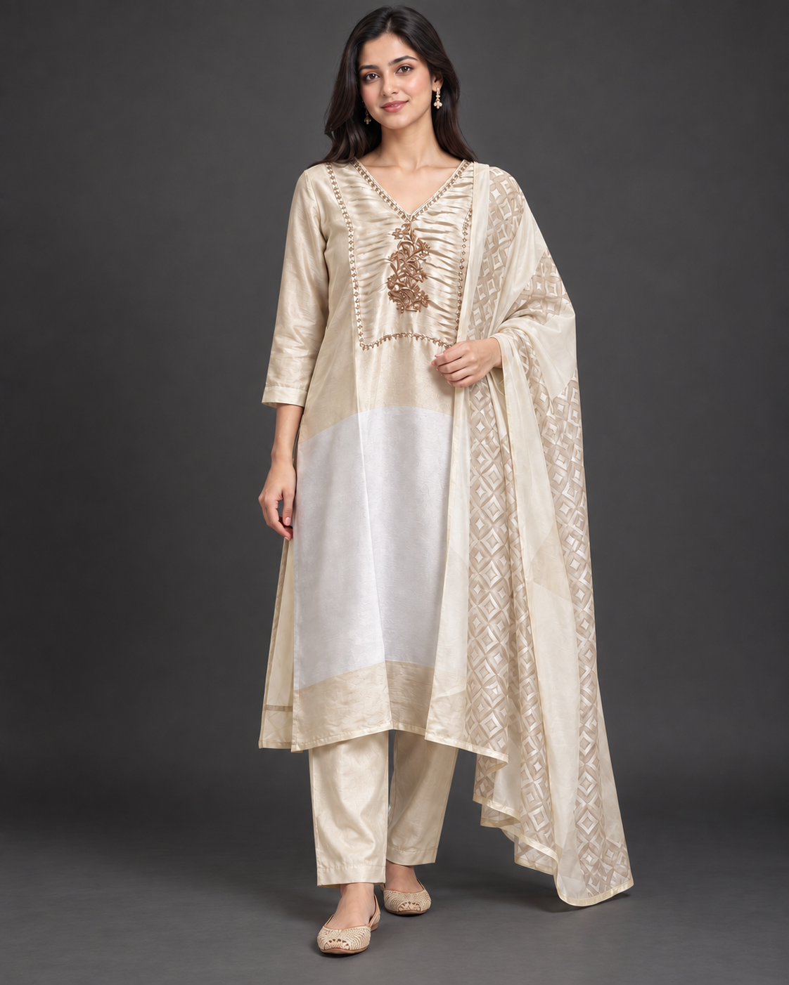 Cream Colour-Block Kurti Pant Set with Dupatta