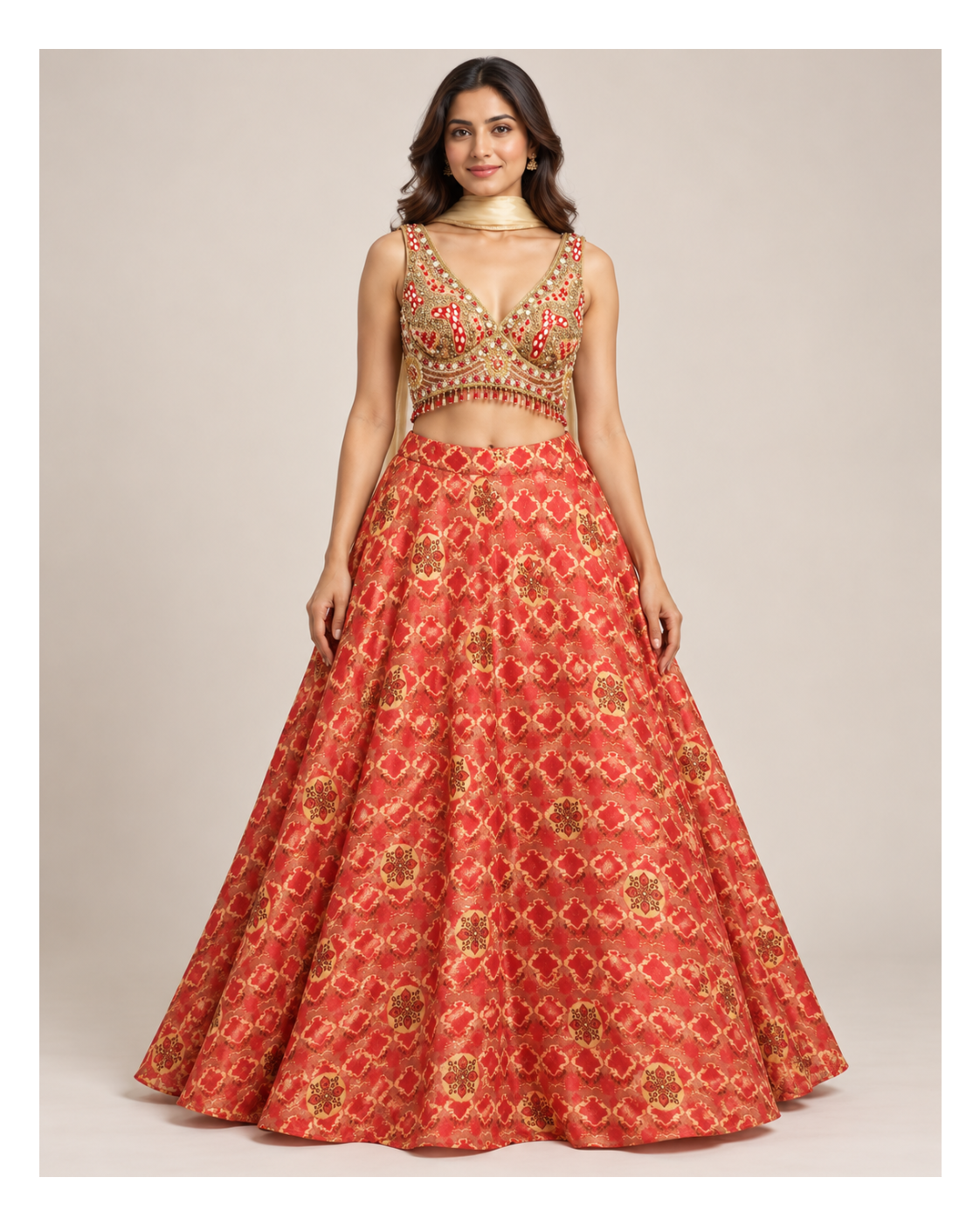 Coral Lehenga with Choker Dupatta Main image