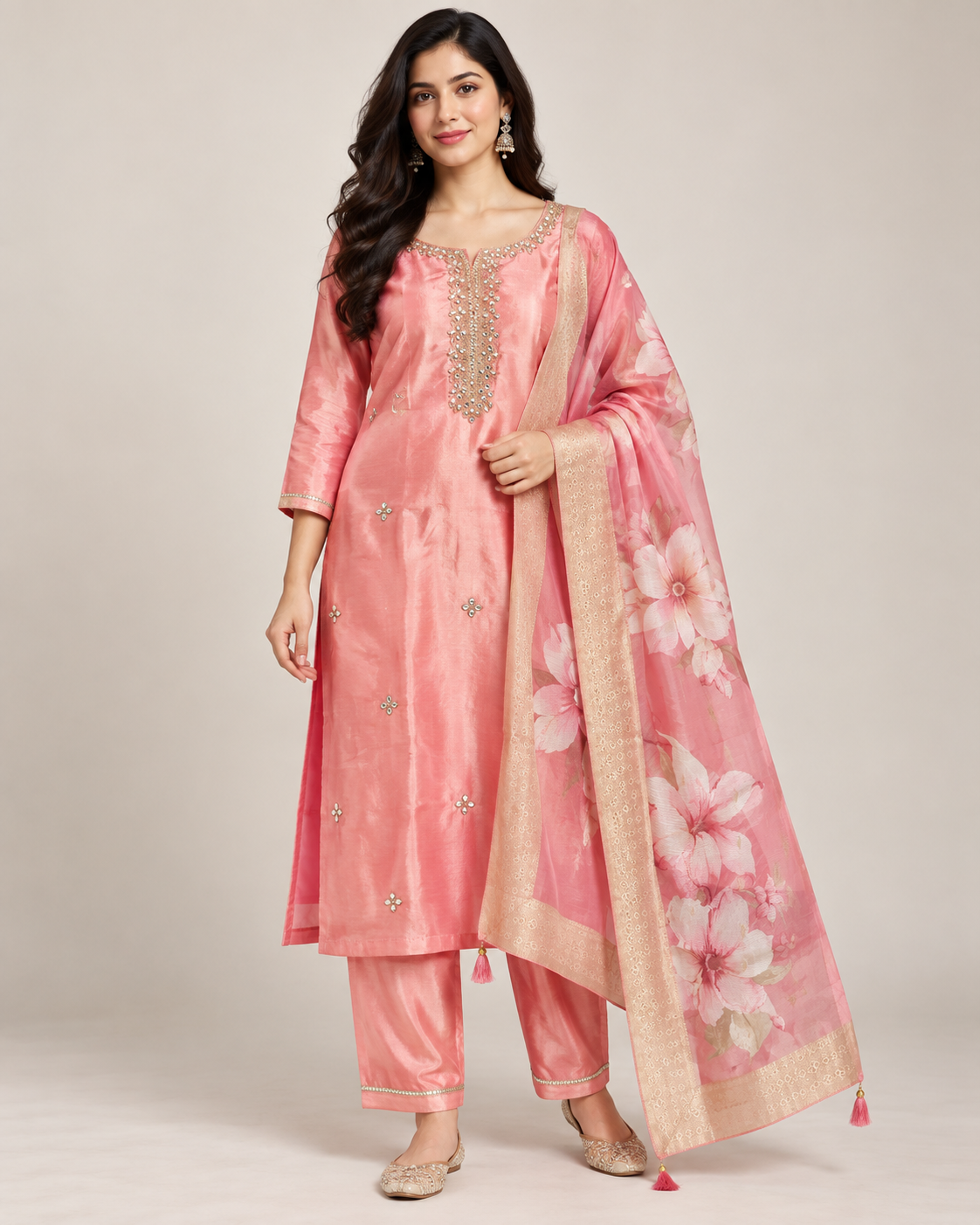 Coral Mirrorwork Kurti Pant Set with Floral Dupatta Main image