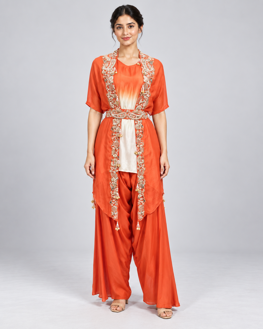 Rust Embroidered Indo-Western Suit with Jacket Main image
