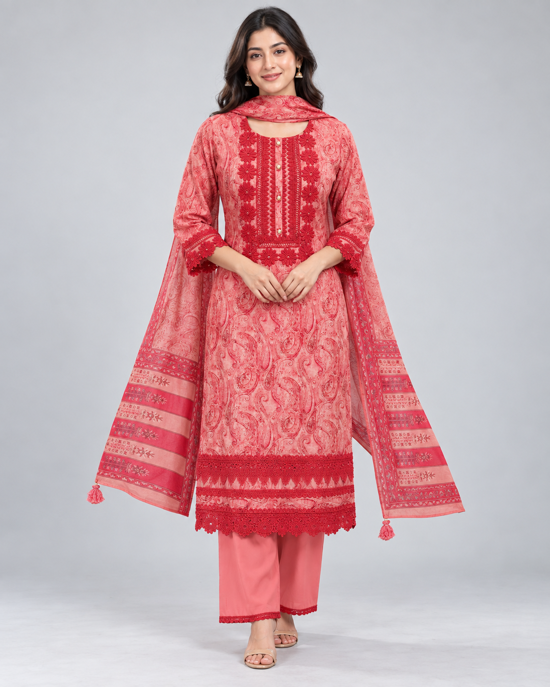 Coral Paisley Printed Farshi Suit with Dupatta Main image