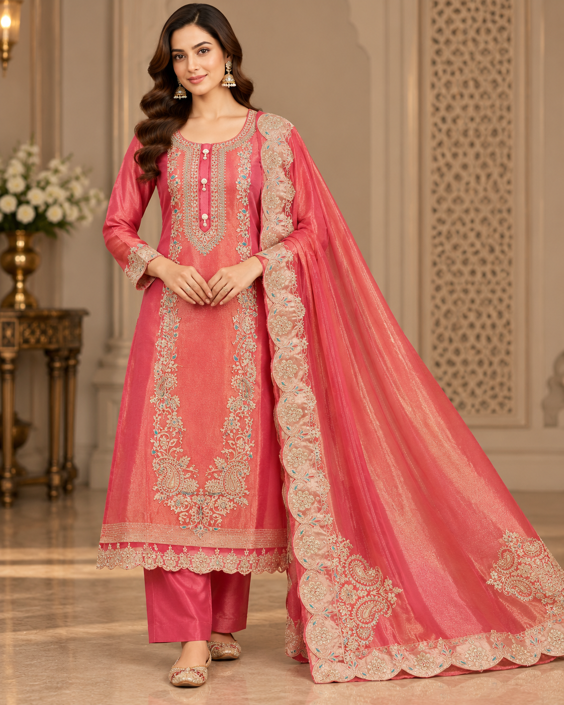 Elegant Coral Pink Embroidered Suit Fabric