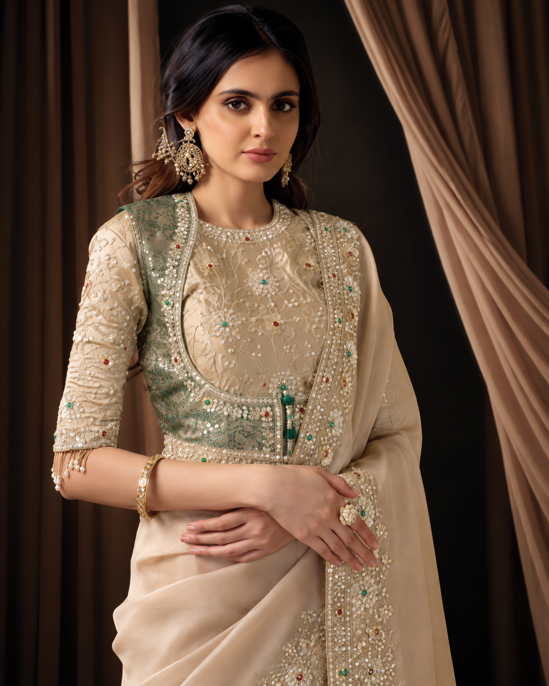 Champagne Embellished Saree with Ornate Border Secondary image