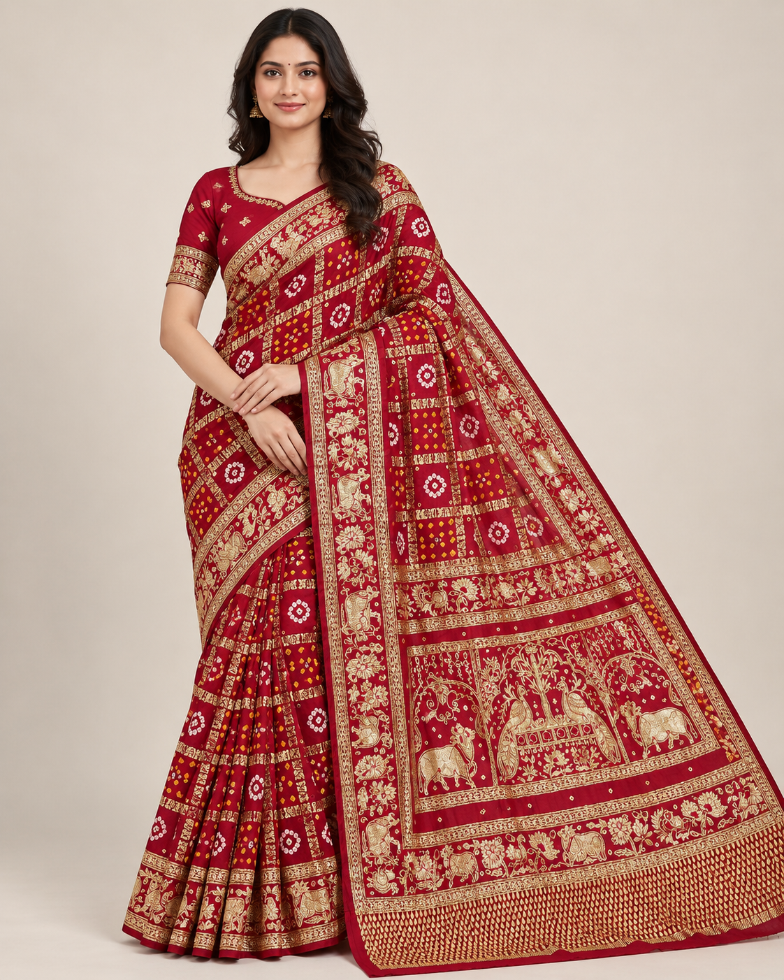 Crimson Red Saree with Ornate Peacock Pallu Main image