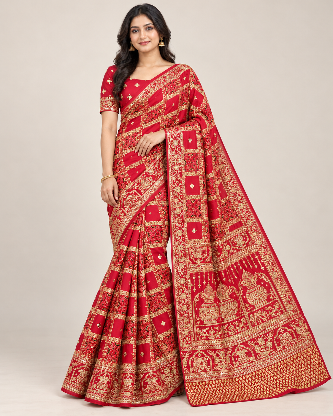 Crimson Red Checkered Saree