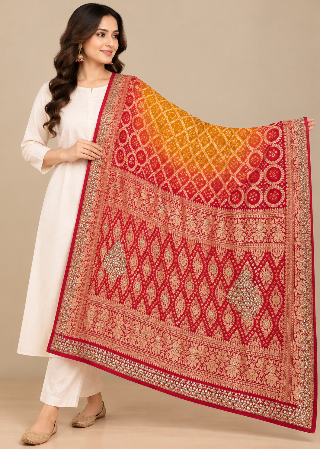 Red Yellow Bandhani Banarasi Zari Dupatta Main image