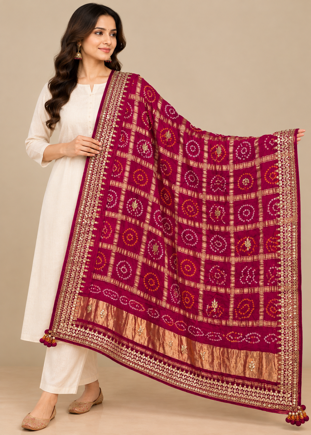 Magenta Bandhani Silk Embellished Festive Dupatta Main image