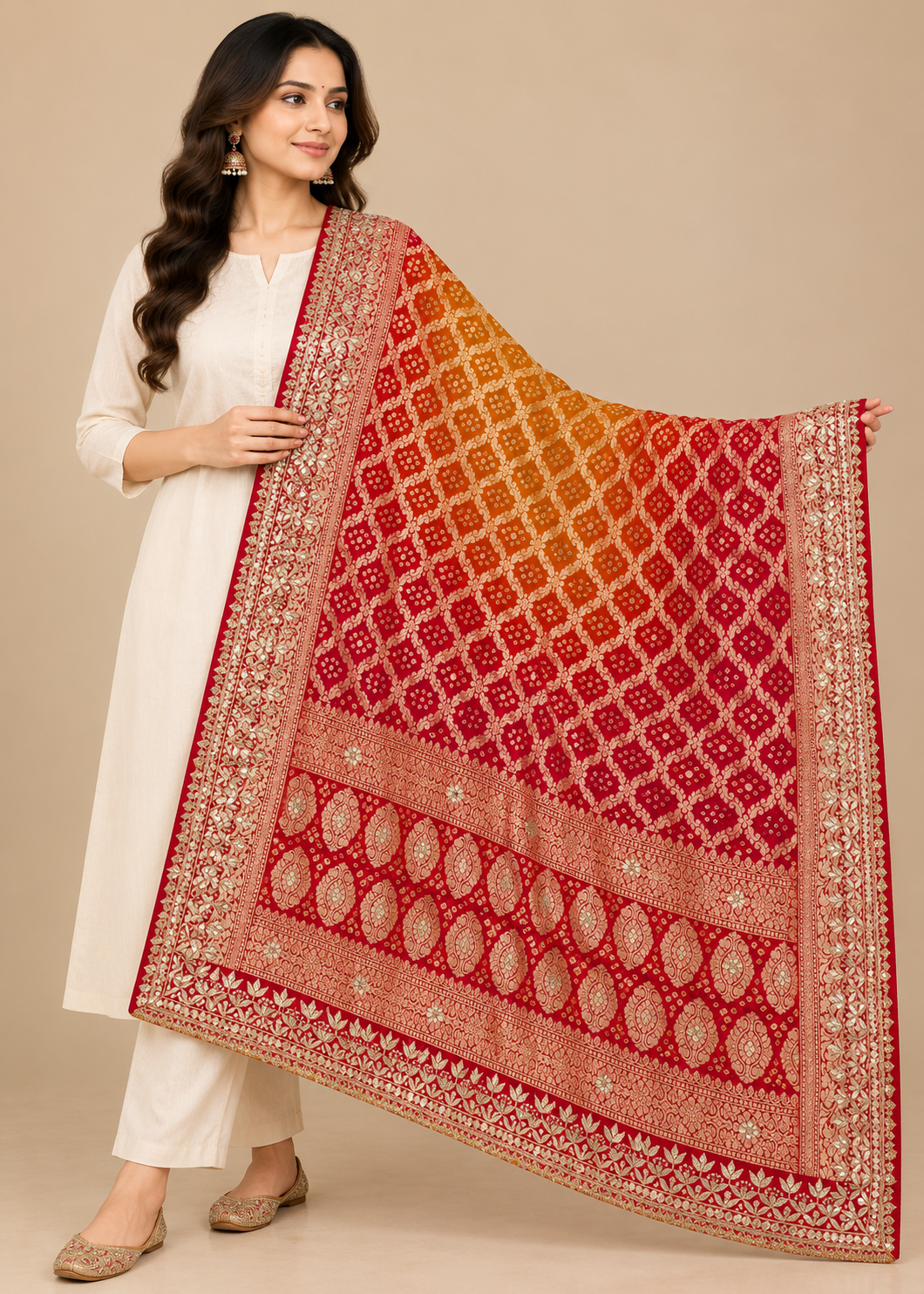 Red Mustard Bandhani Banarasi Silk Dupatta
