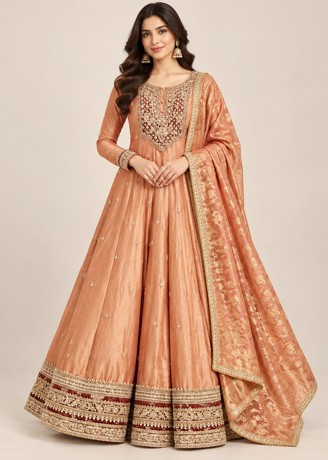 Peach Silk Embroidered Anarkali Gown Set