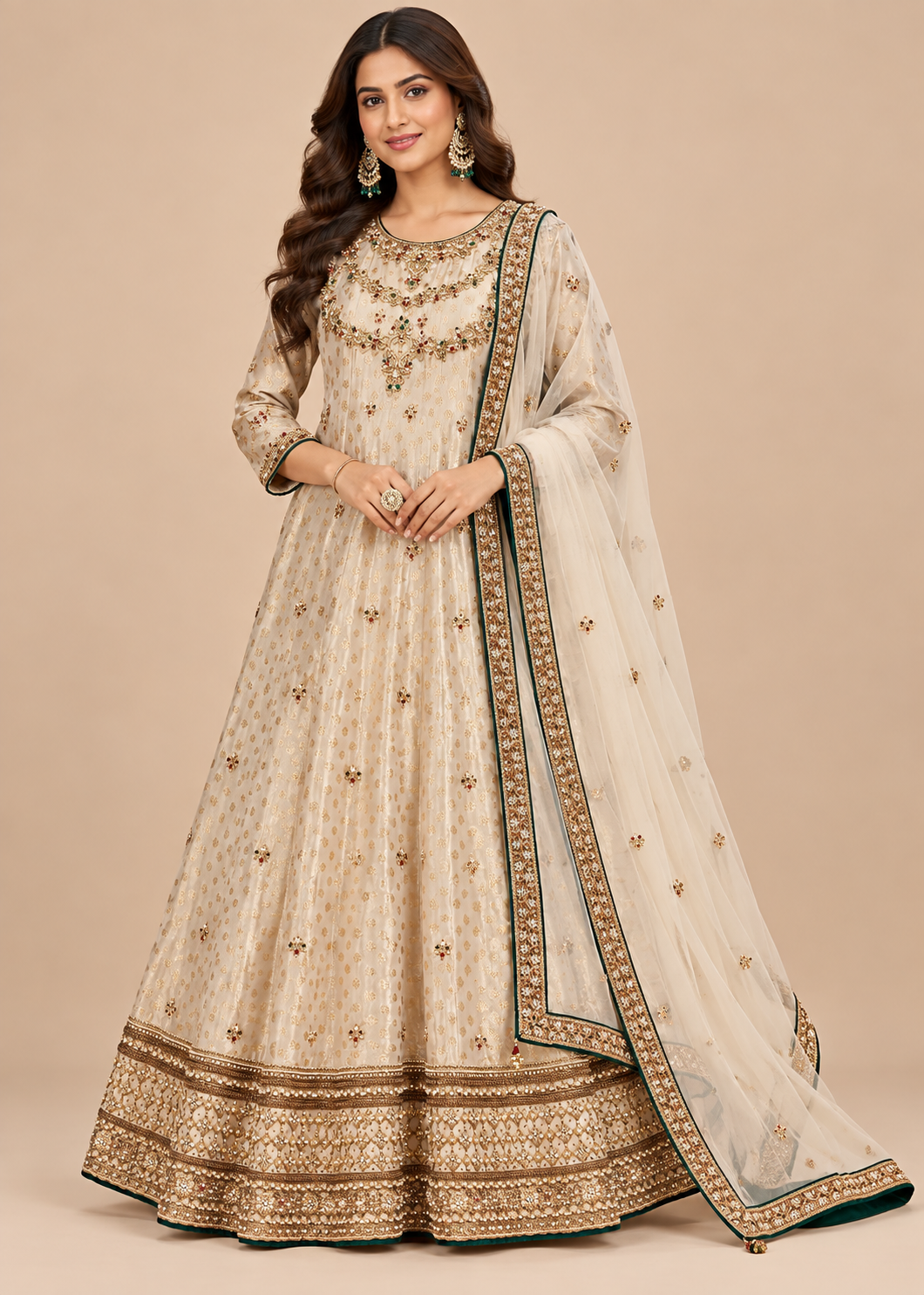 Ivory Gold Embroidered Anarkali Gown Set