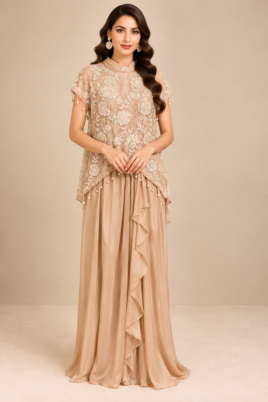 Champagne Beige Embroidered Lace High-Neck Tunic &amp; Cascading Ruffle Maxi Skirt Co-Ord Set Main image
