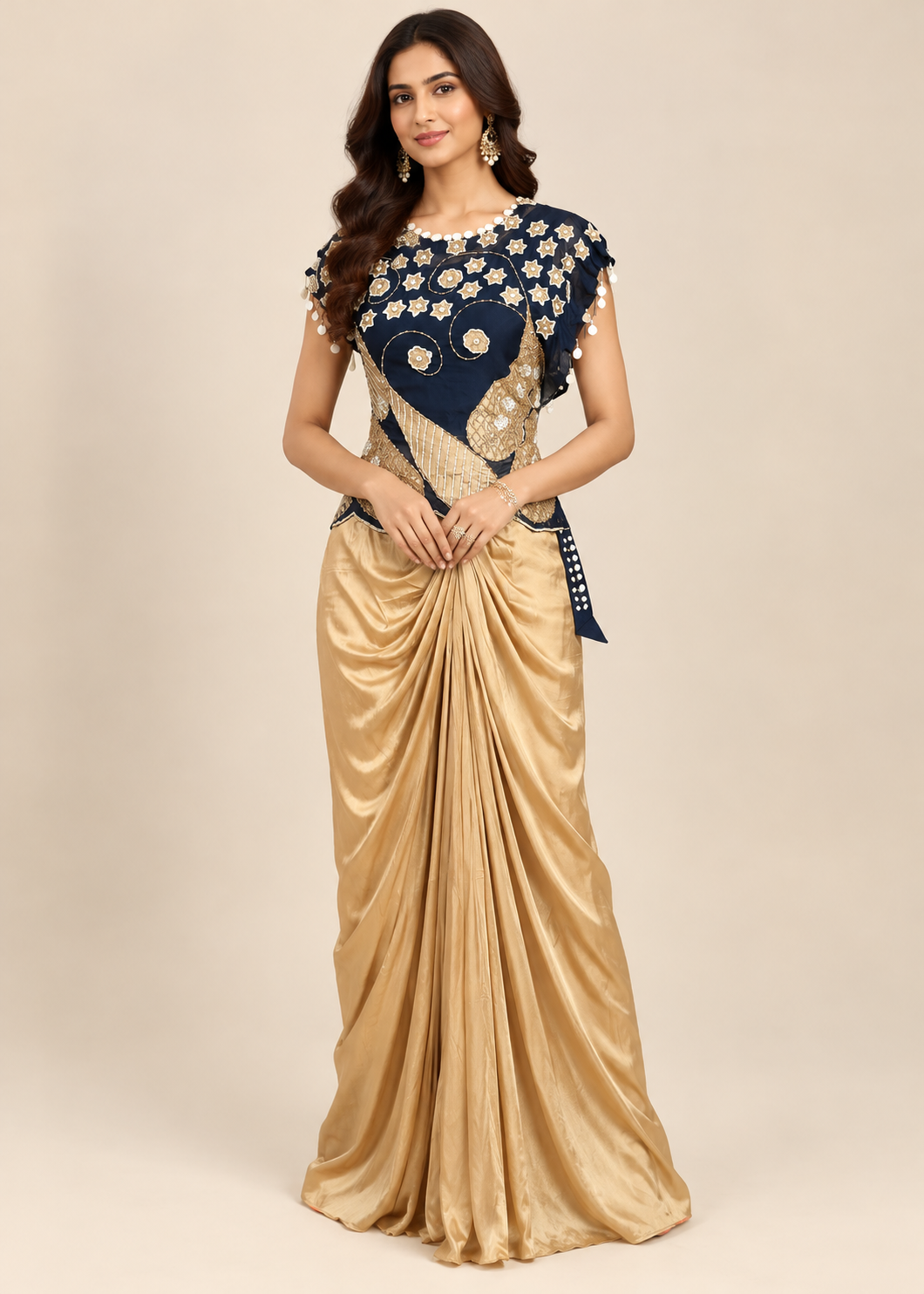 Midnight-Navy Embellished Bodice & Metallic Gold Draped Dhoti-Skirt Set