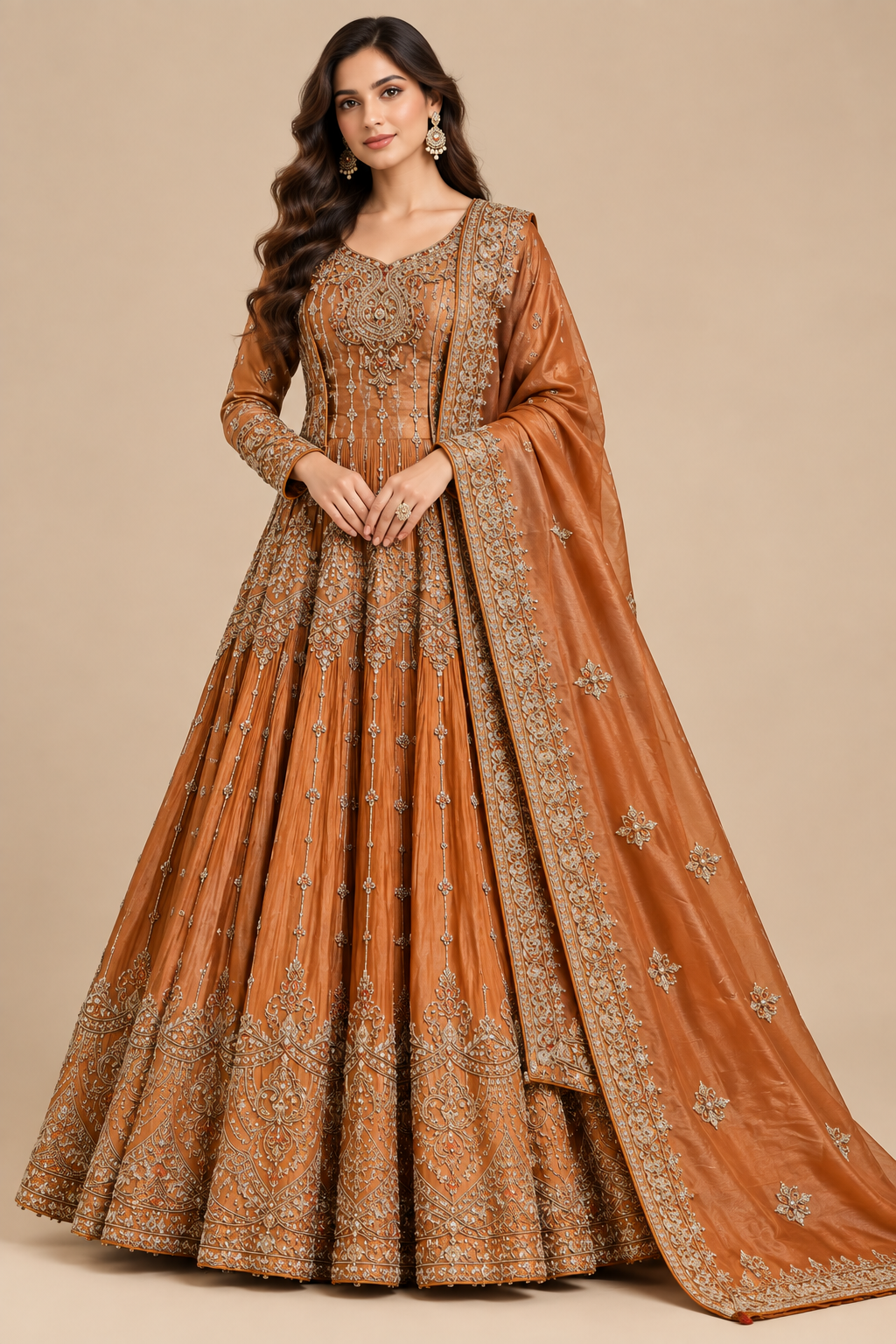 Rust Orange Embroidered Anarkali Gown Set Main image