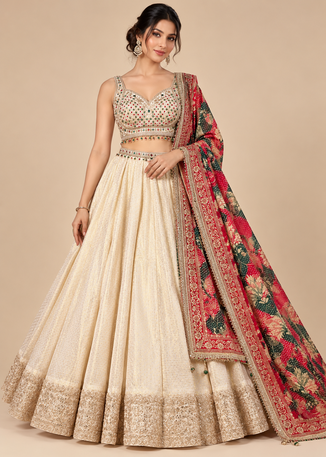 Cream Embellished Lehenga with Printed Dupatta Main image