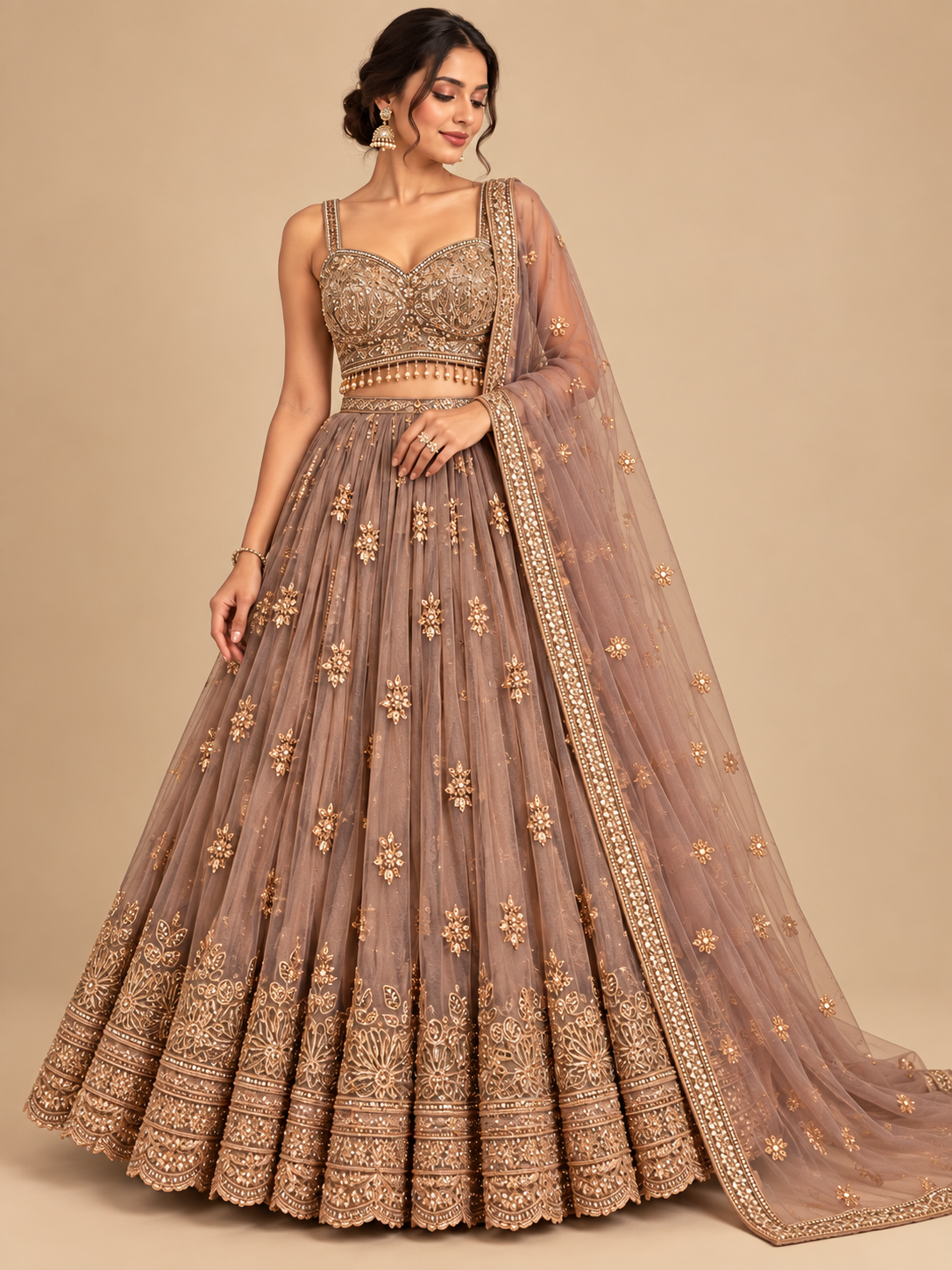 Dusty Taupe-Mauve Embroidered Tulle-Net Kalidar Lehenga Choli Set with Dupatta Main image