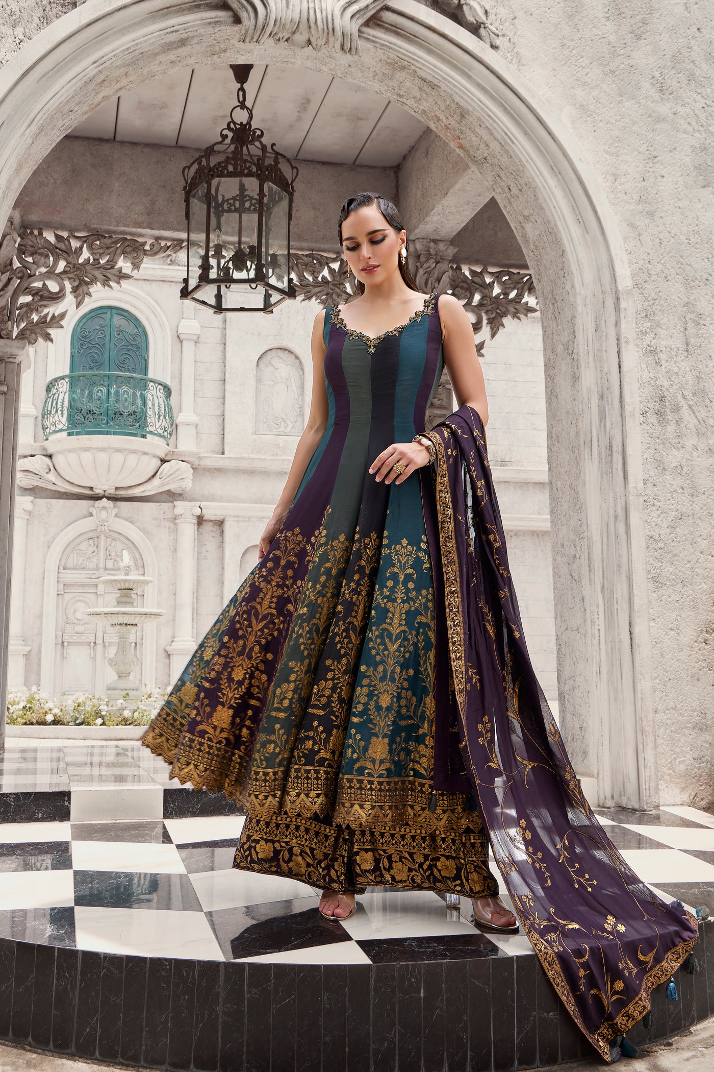 Majestic Multicolored Panel Anarkali Suit with Rich Gold Work (DARPAN M-24)
