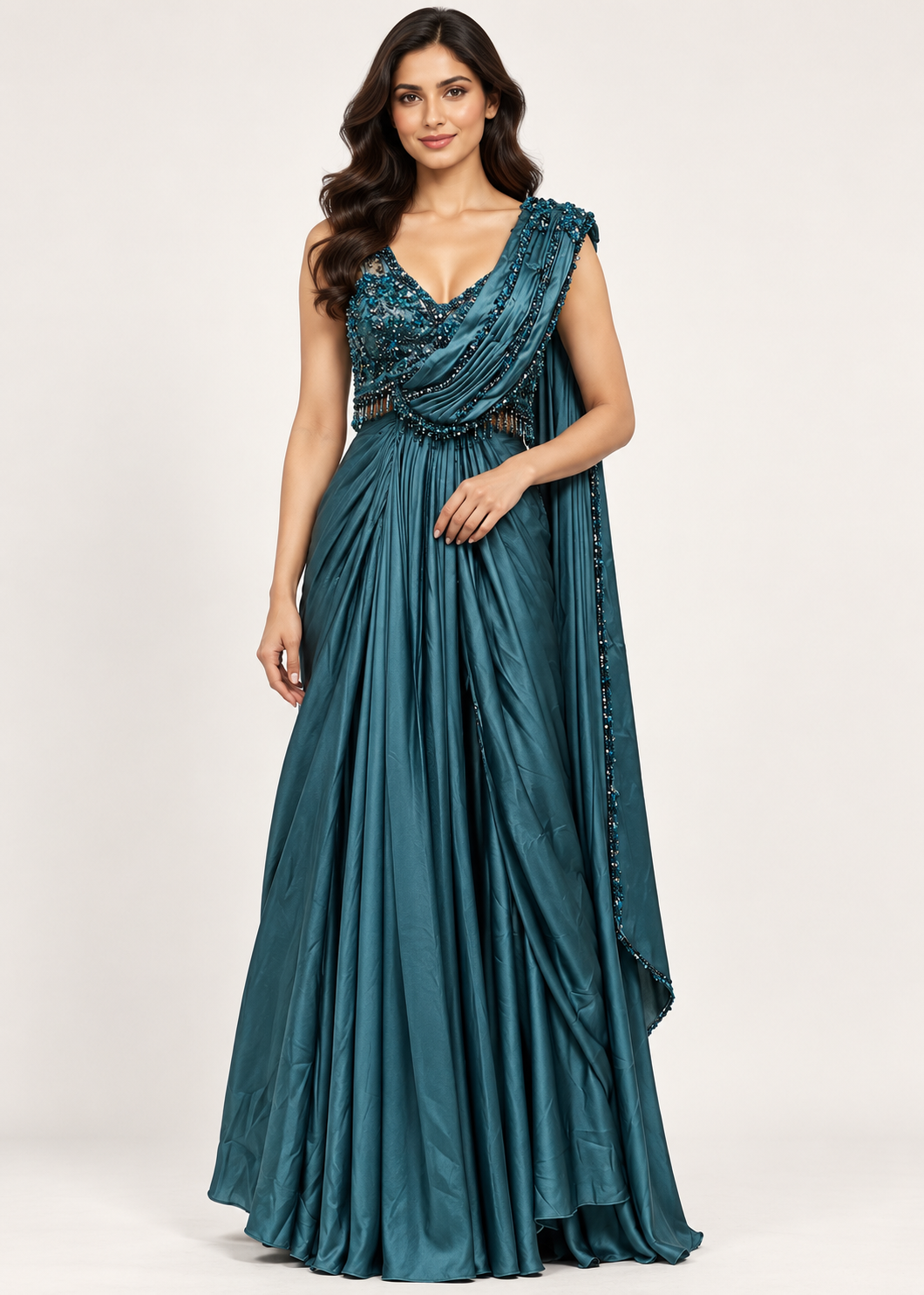 Teal Blue Pre-Draped Concept Saree Gown with Embellished Blouse Main image